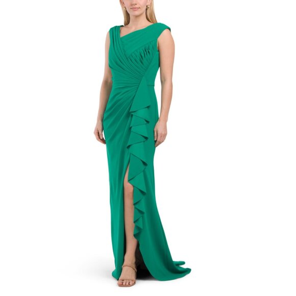 TADASHI SHOJI Green Ruched Bodice Gown With Ruffle Detail